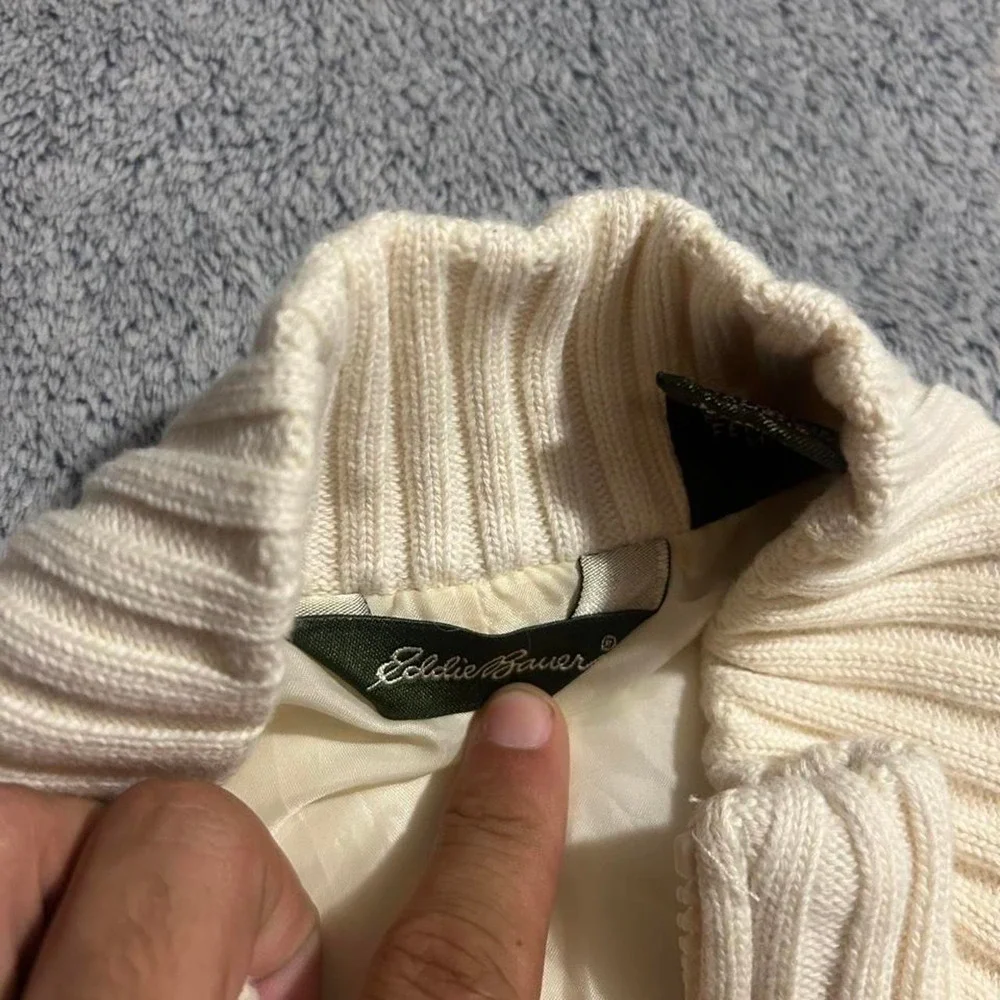 Eddie Bauer Womens M Ivory Quilted Puffer Vest Corduroy Rib Knit Collar Full Zip